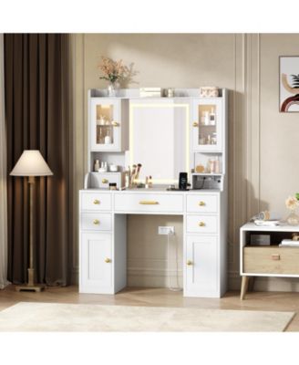 Vanity Desk with Charging Station and LED Mirror, Large White and Gold Makeup Dressing Table, 3 Light Modes, 6 Drawers, Cabinet and Shelves
