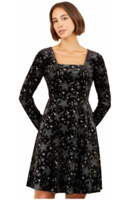 Women's Starburst Long-Sleeve Square-Neck Velvet Skater Dress