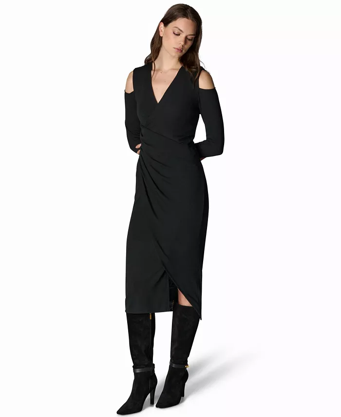 Women's Cold-Shoulder Wrap V-Neck Midi Dress