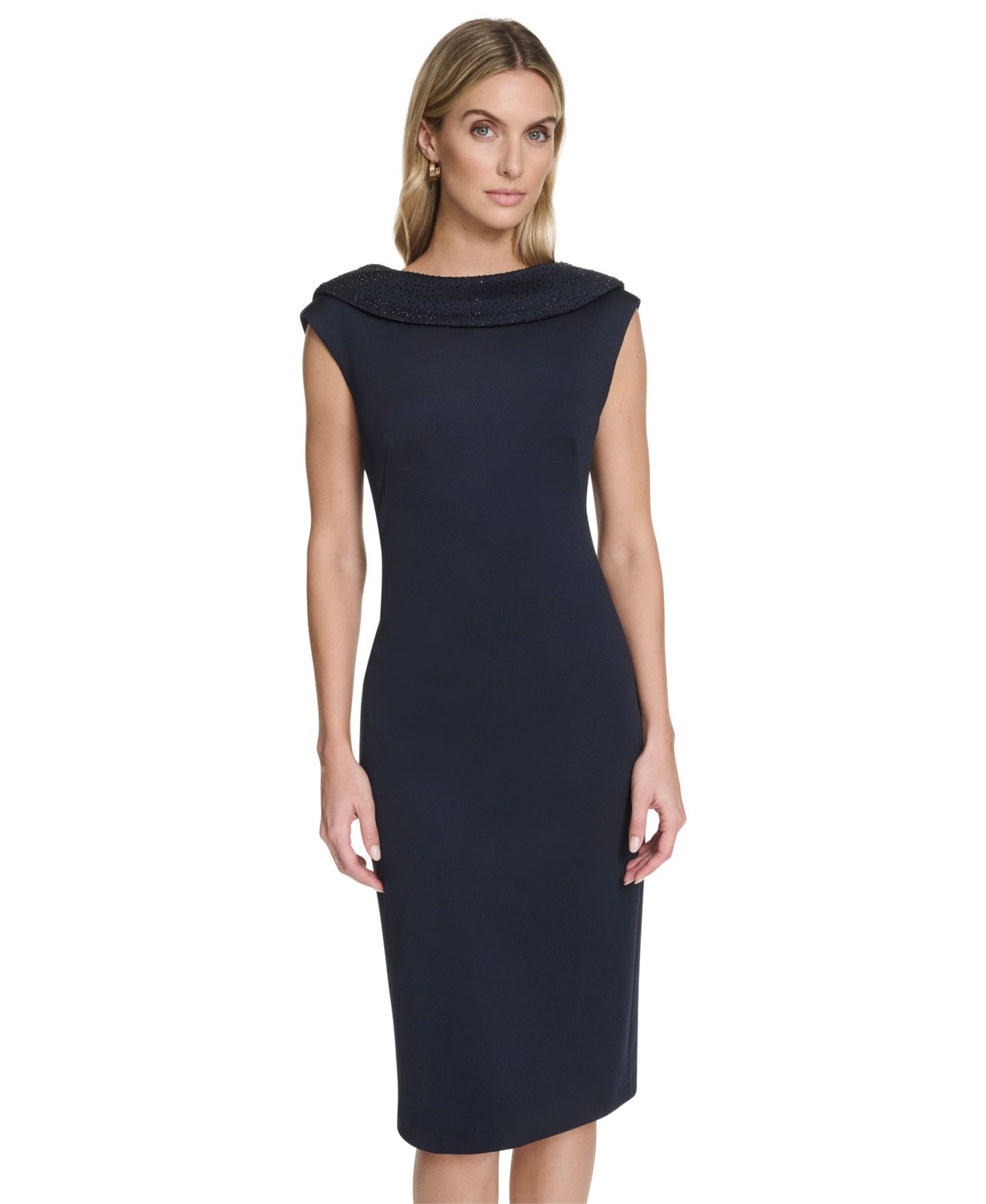 Женское платье Calvin Klein Boat Neck Cowl Back Rhinestone-Embellished Sheath, цвет: Индиго / Чёрный — фото 2