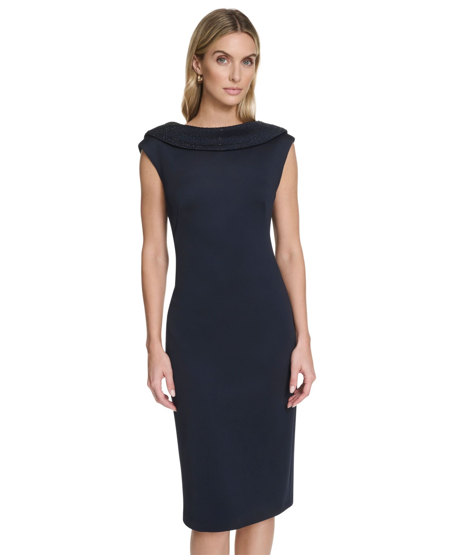 Women's Boat Neck Cowl Back Rhinestone-Embellished Sheath Dress