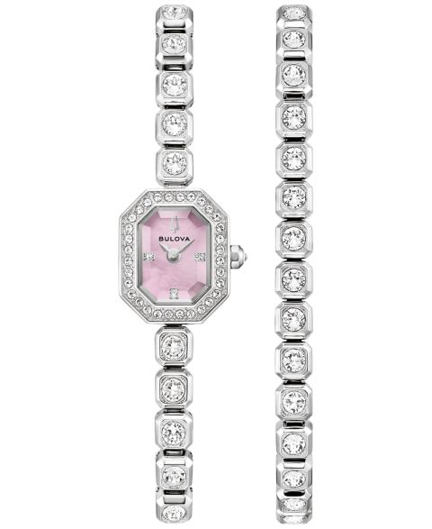 Женские часы Bulova Box Set Crystal Silver-Tone Stainless Steel Bracelet Watch 15mm