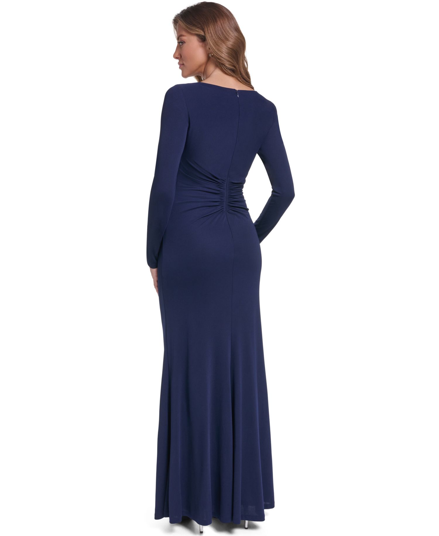 Women's Side Ruched Sleeve Gown Long Sleeve Sequin