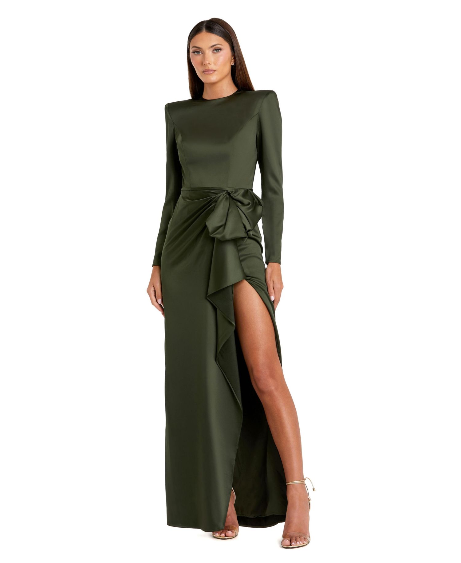 Petite Long Sleeve Satin Structured Bow Draped Column Gown