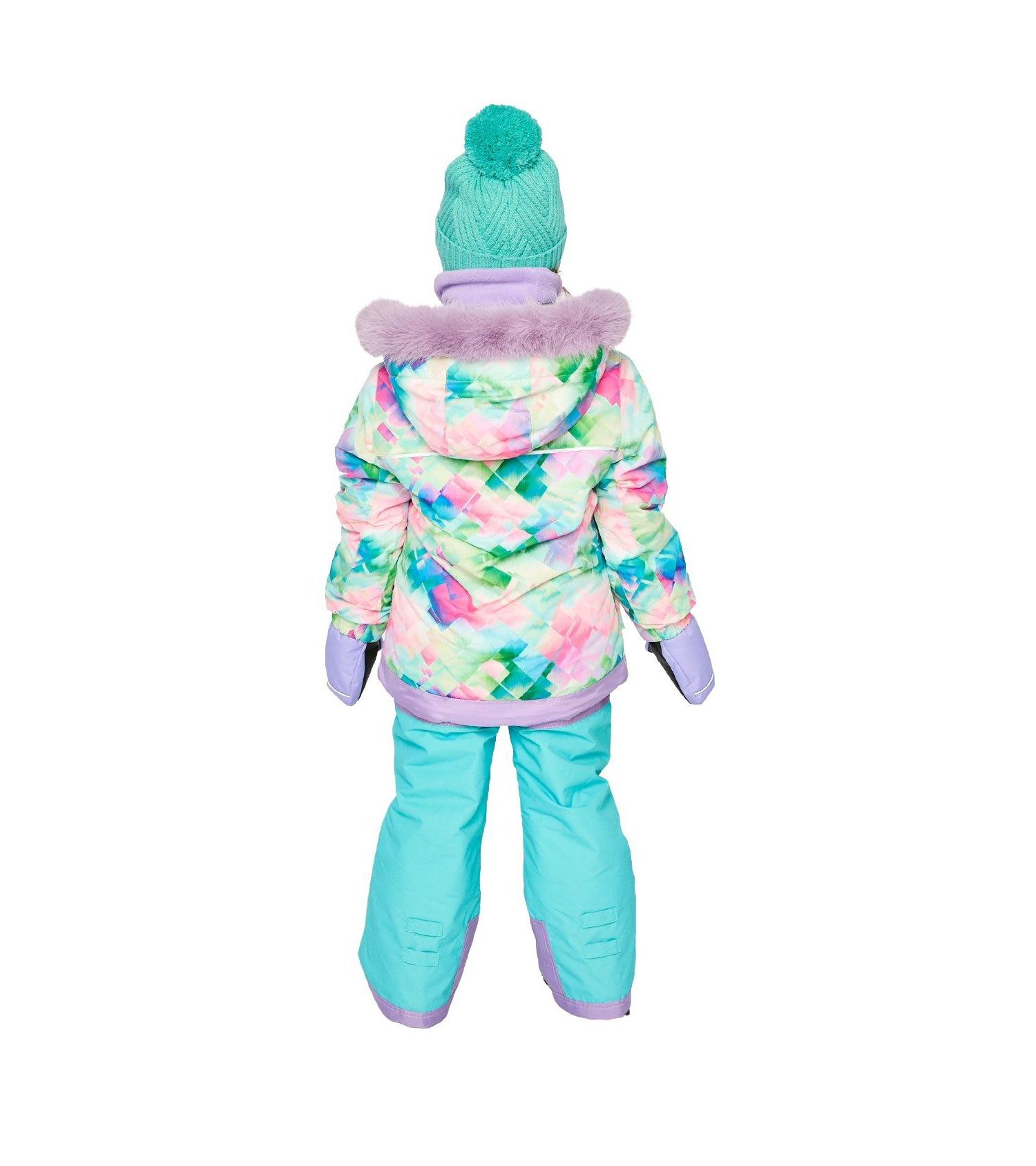 Big Girls Girl(6-14) Two Piece Play Snowsuit Multicolored with A Diamond Pattern with Turquoise and Purple Pants