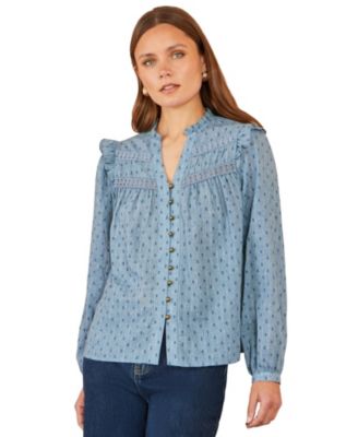 Women's Long-Sleeve Mandarin Collar Lace Detail Blouse
