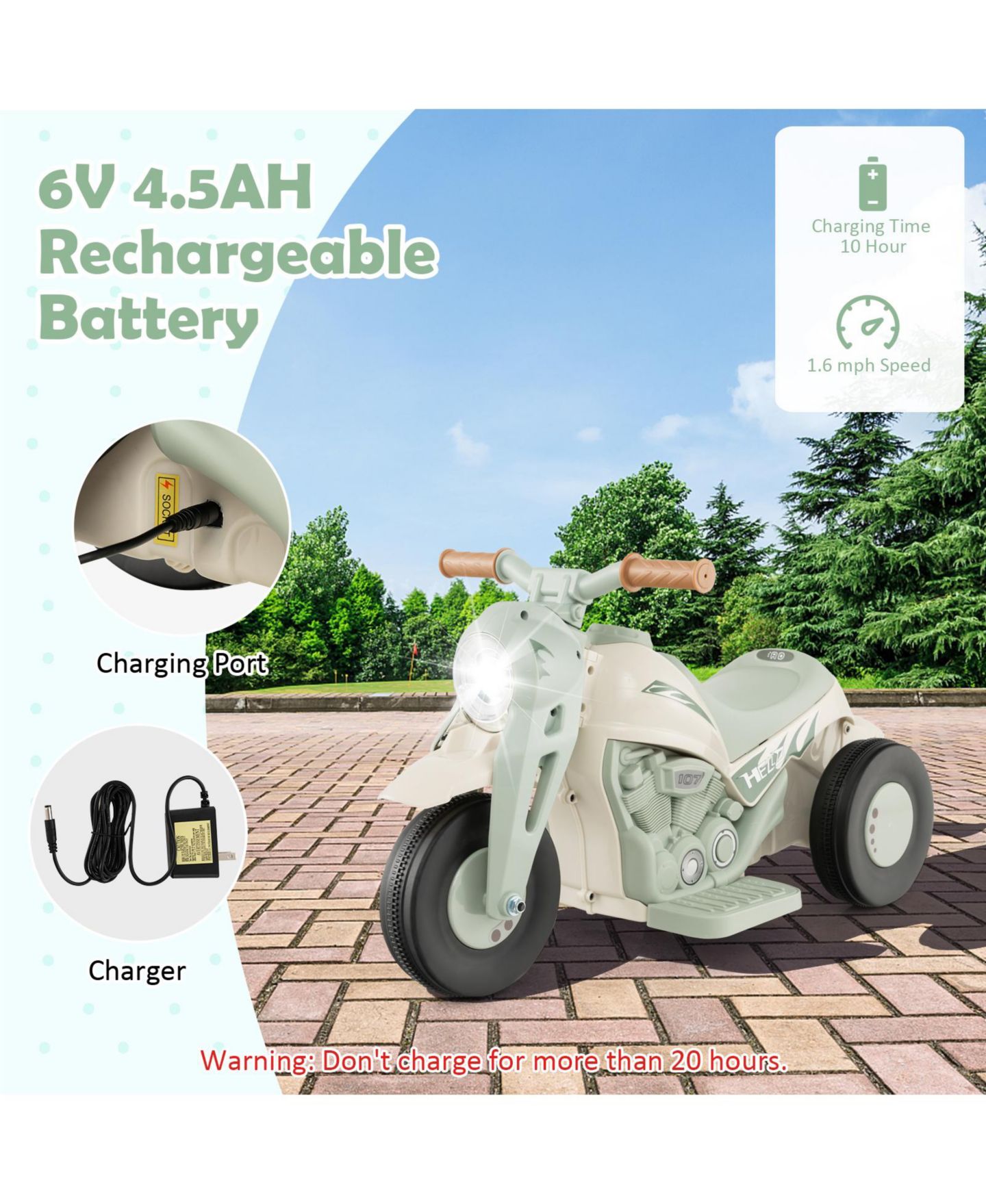Детская игрушка Costway 6V Kids Bubble Car Electric Ride on Motorcycle with Music Button and LED Headlight, цвет: Бежевый / Хаки — фото 5