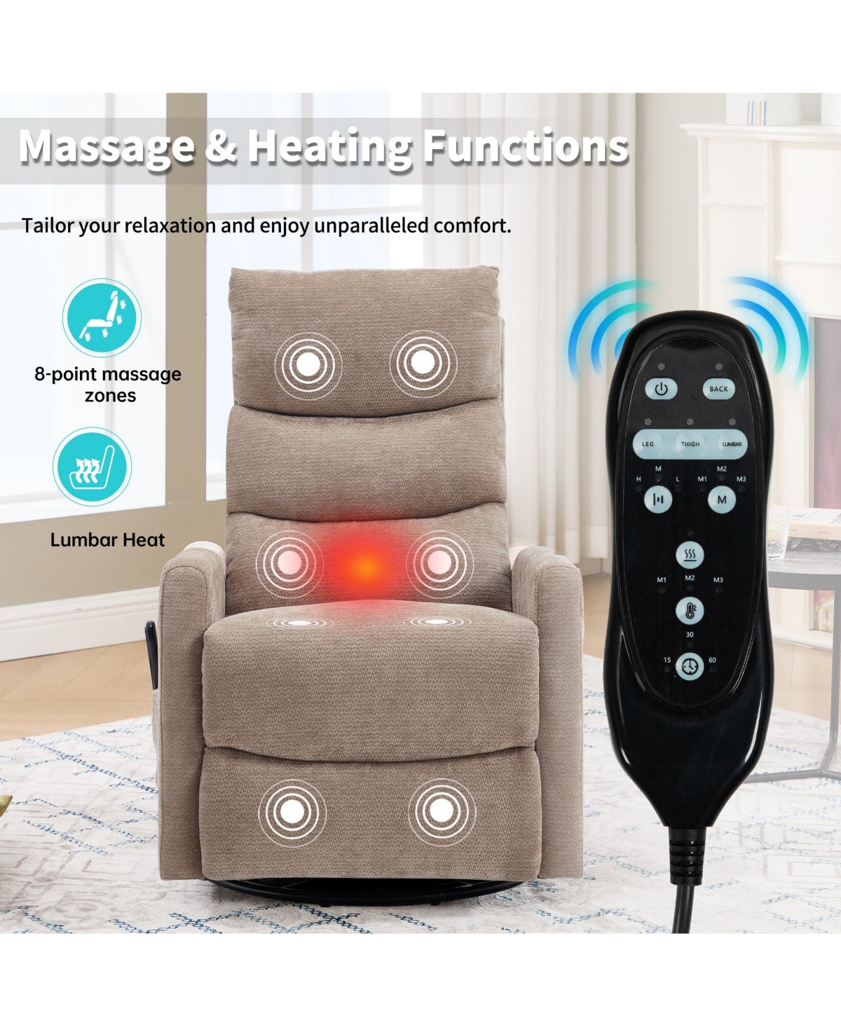 Boyel Living Chenille Manual Recliner Chair Rocker Swivel with Heat and Massage for Room
