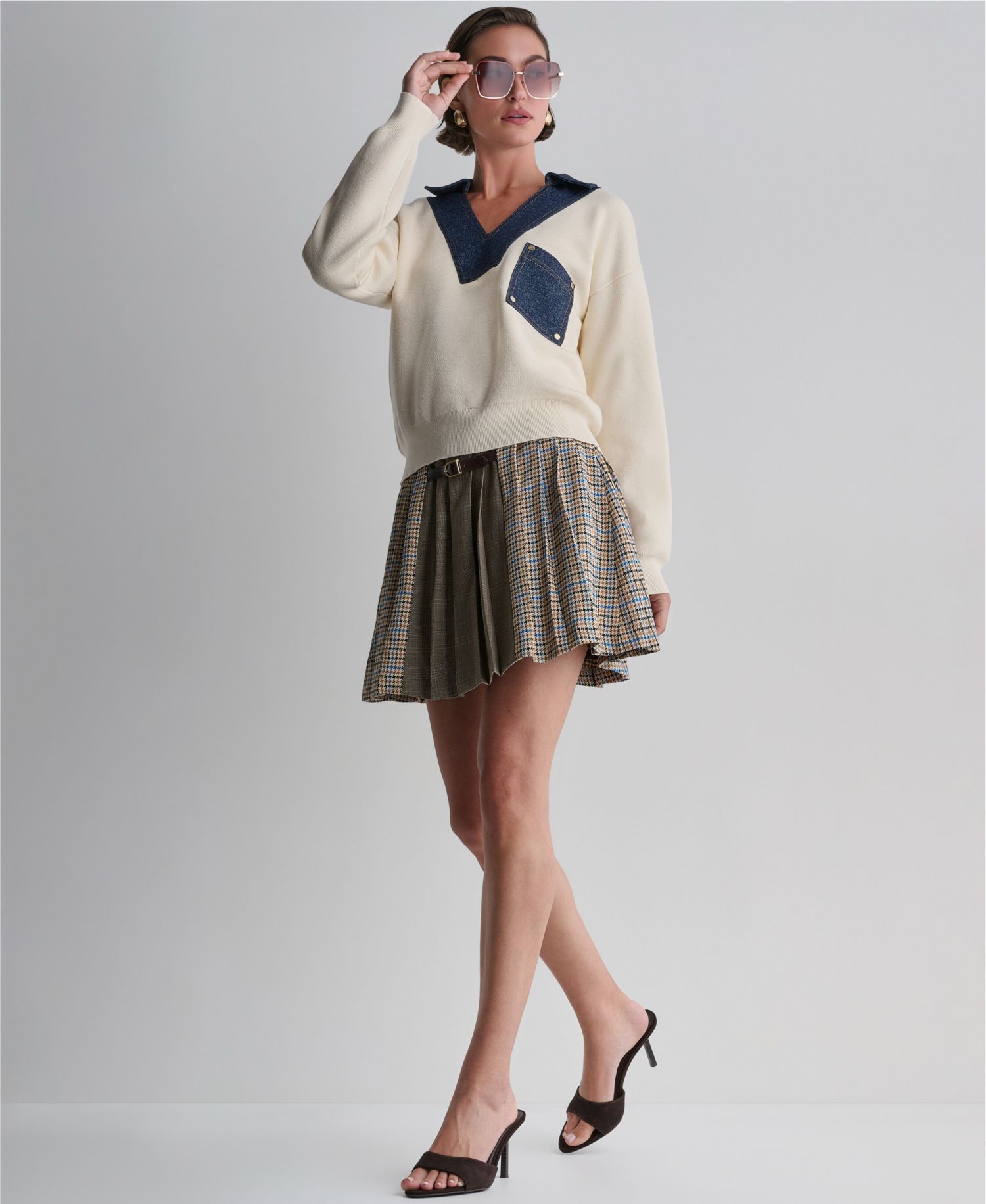 Women's Denim Trim Oversized Collared V-Neck Sweater