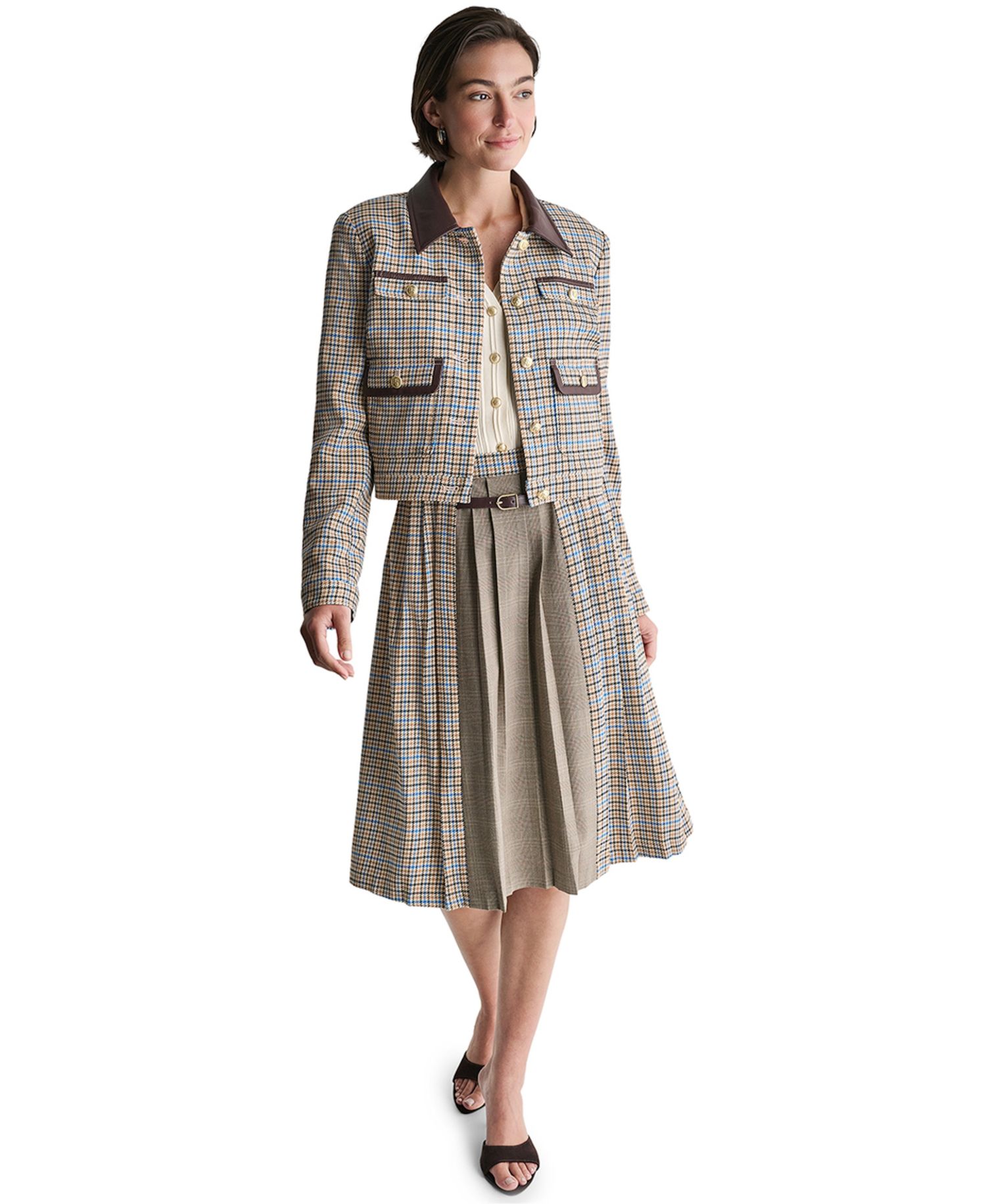 Women's Cropped Collared Plaid Trucker Jacket
