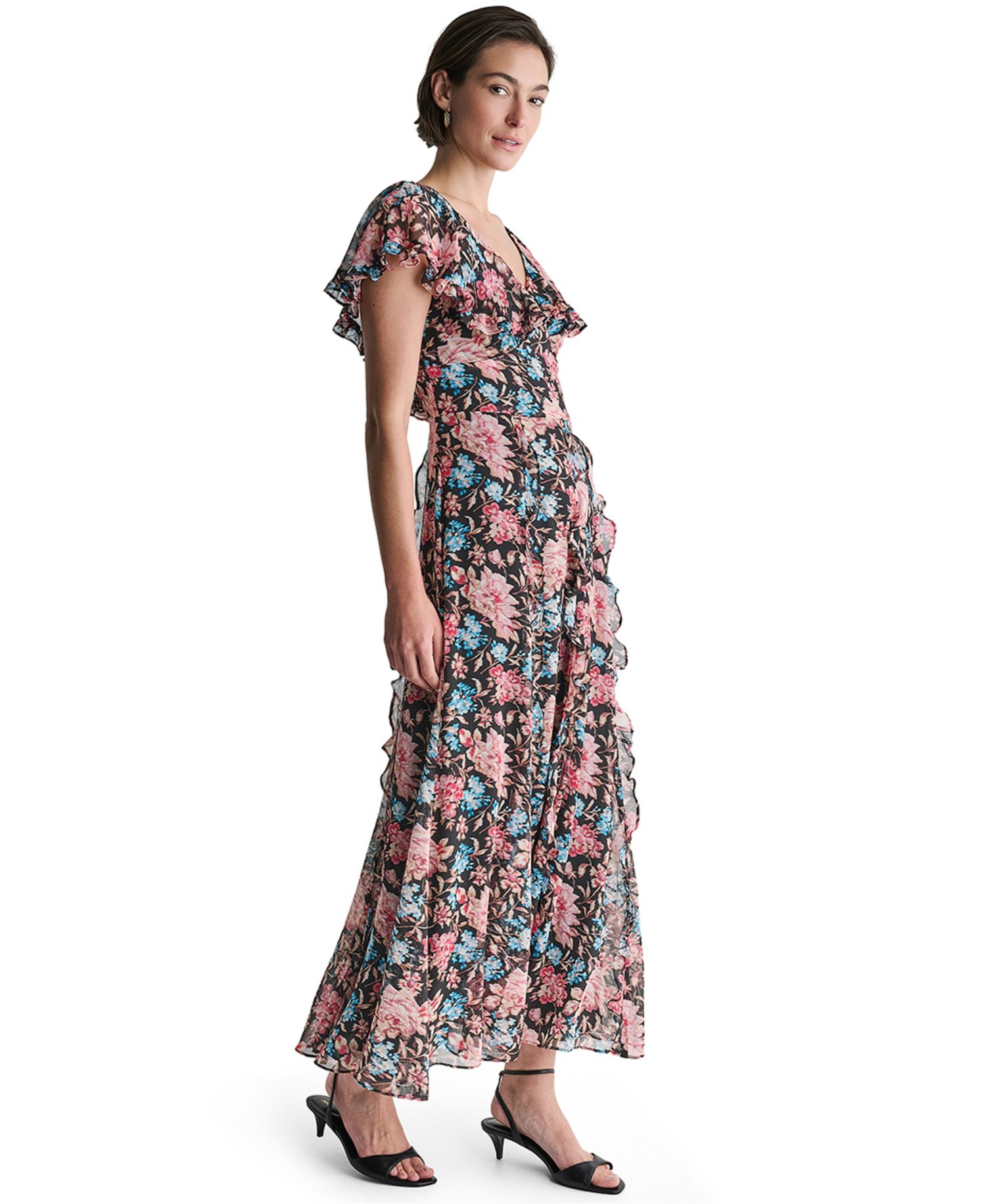 Women's Floral-Print Short-Sleeve Empire Waist Maxi Dress