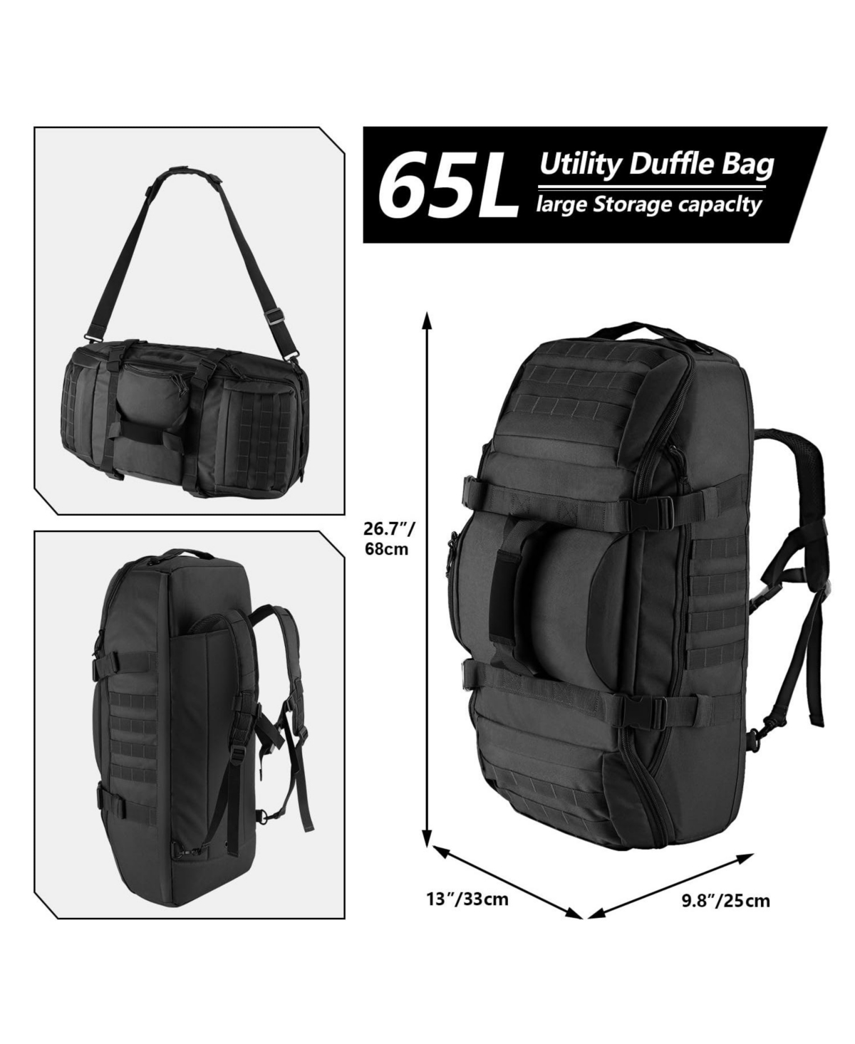 Piscifun 65L 3-in-1 Tactical Duffle Bag Molle System Gym Outdoor Travel Bag