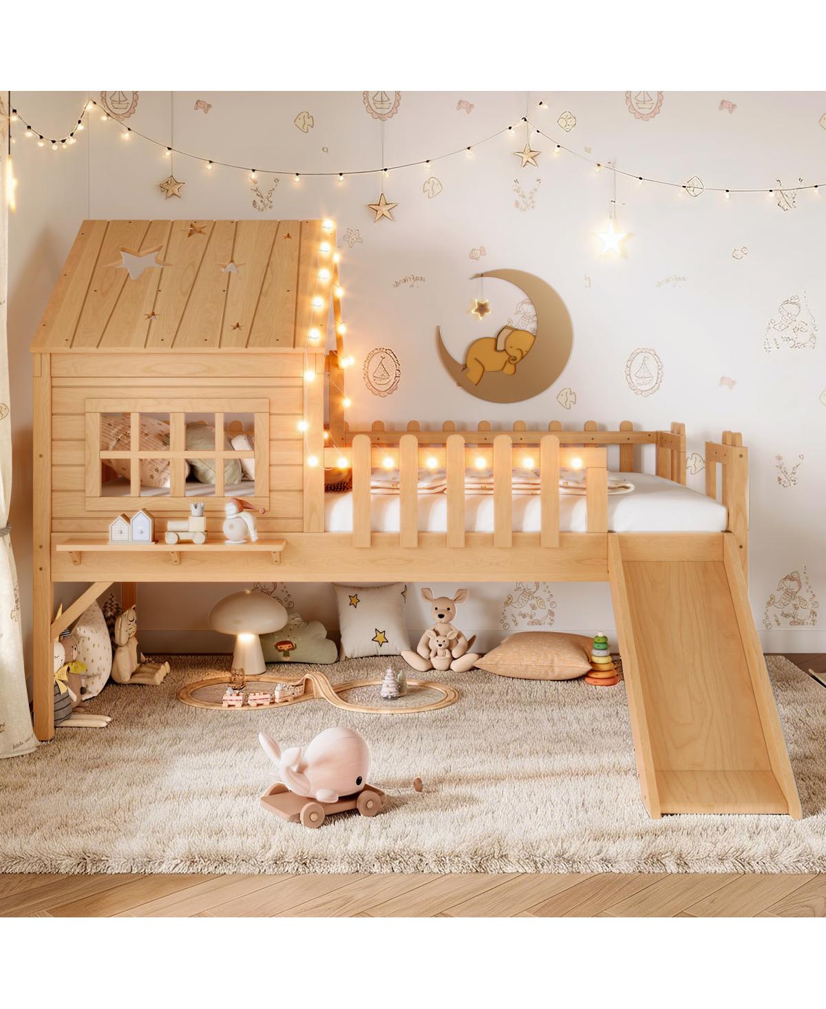 Streamdale Furniture Loft Bed with Slide, Playhouse, Stars, Window, Led Lights