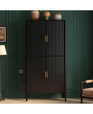 Modern Fluted 4-Door Wine Cabinet with Glass Display and Stemware Rack