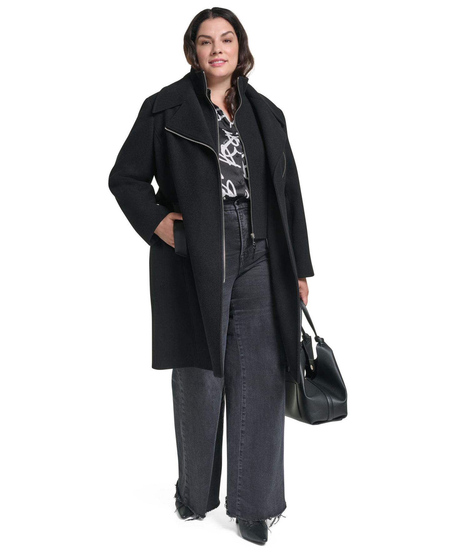 Женское шерстяное пальто DKNY с запахом, поясом и нагрудником, больших размеров, цвет: Чёрный — фото 4