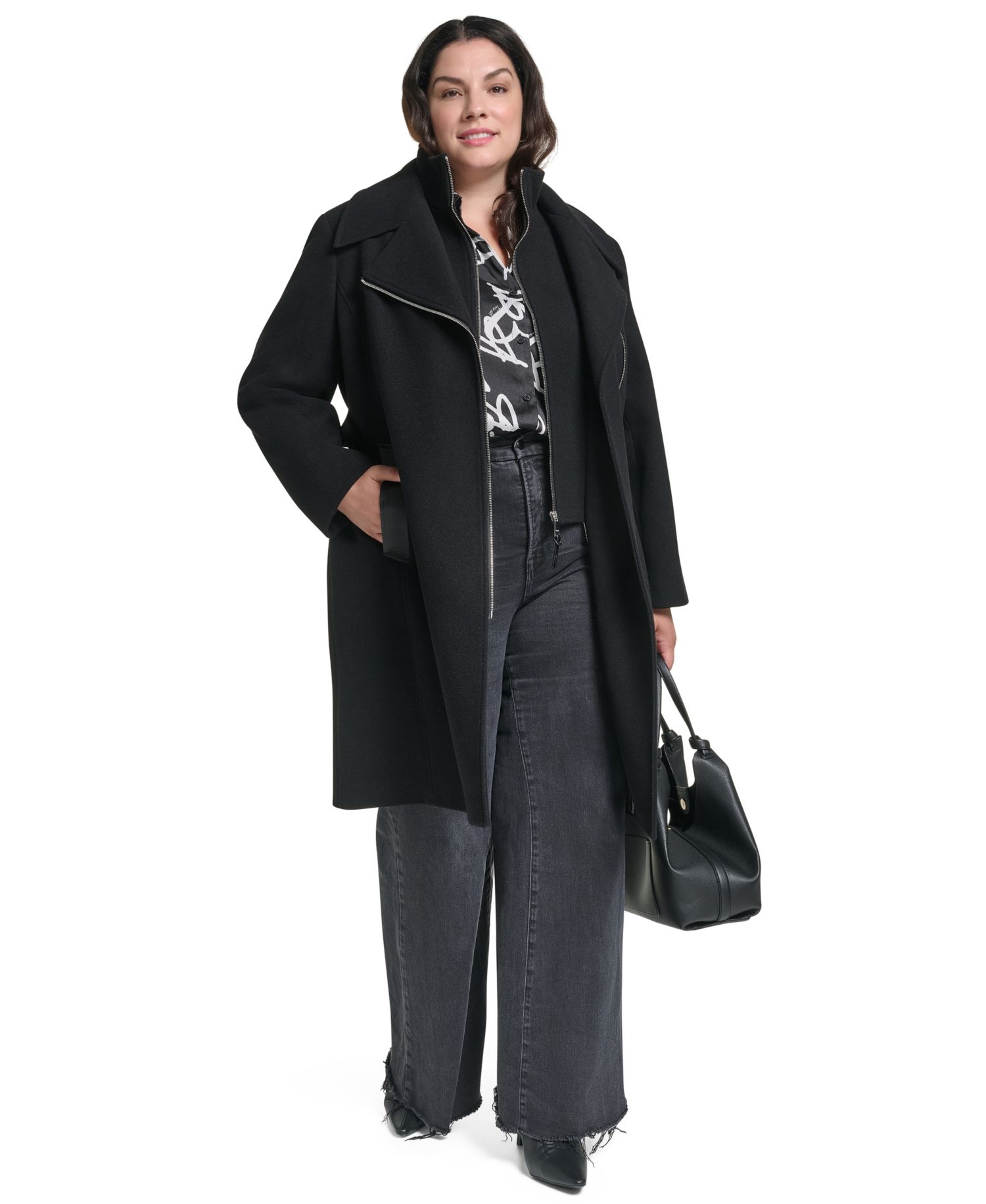 Plus Size Wool-Blend Belted Wrap Coat with Bib