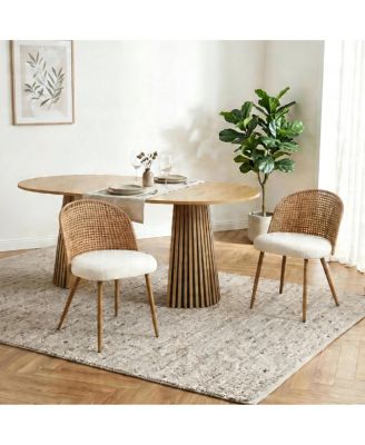 Bohemian Solid Wood Dining Table with 2 Wicker Chairs and Cushions