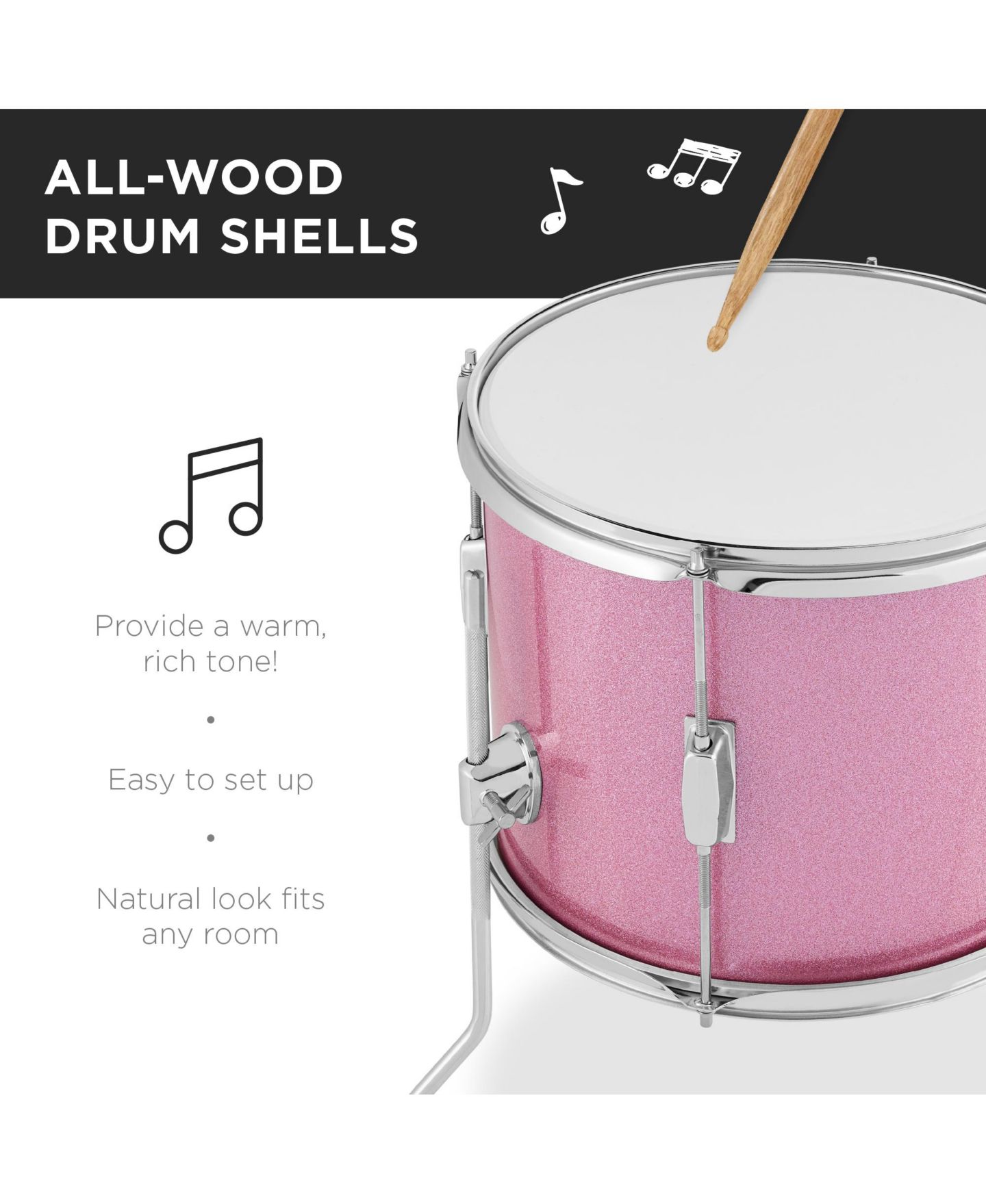 Детские игрушки Best Choice Products Beginner Wood 5-Piece Drum Set, Ages 3+, цвет: Розовый — фото 5