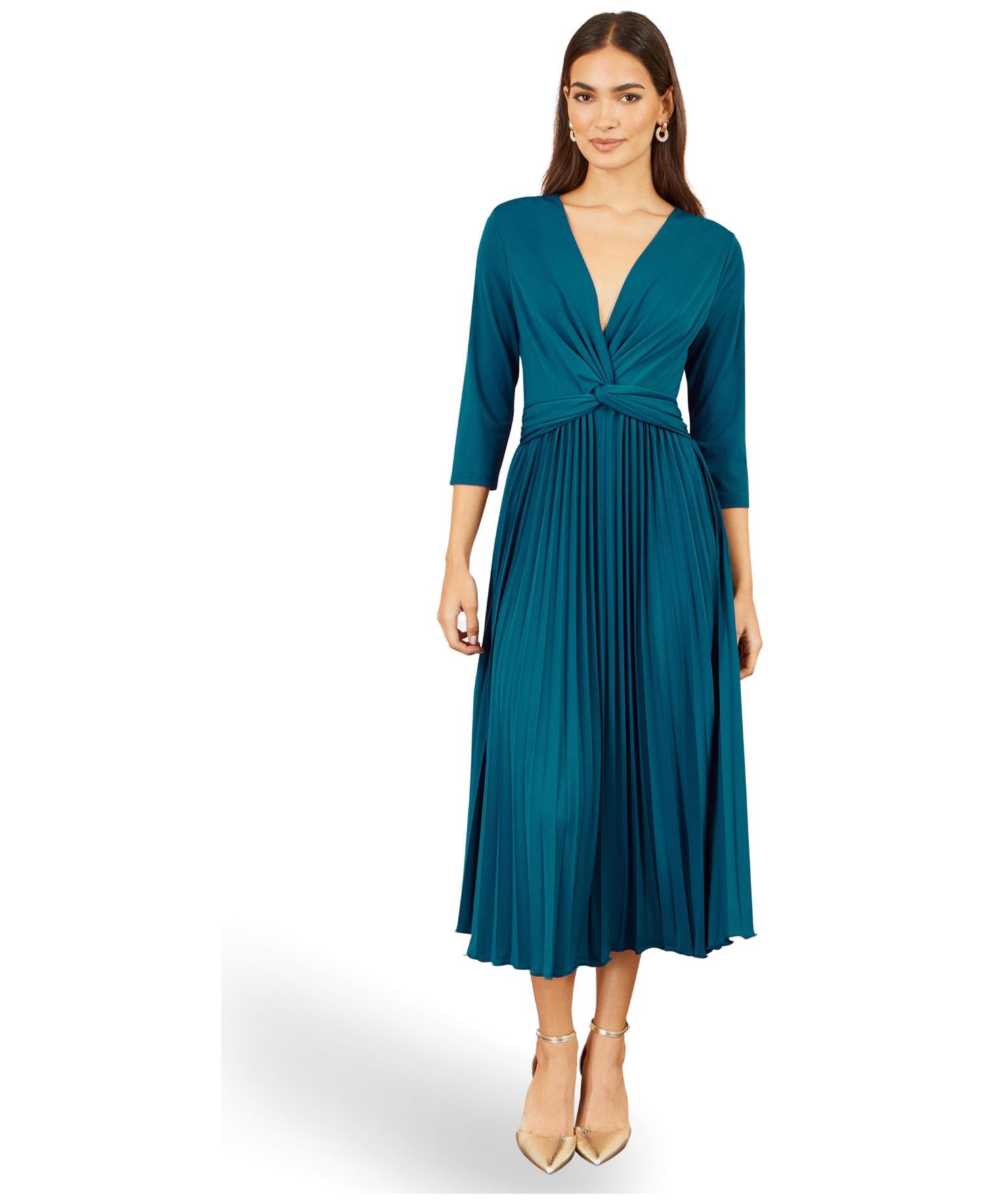 Women's Stretch Wrap Pleated Midi Dress