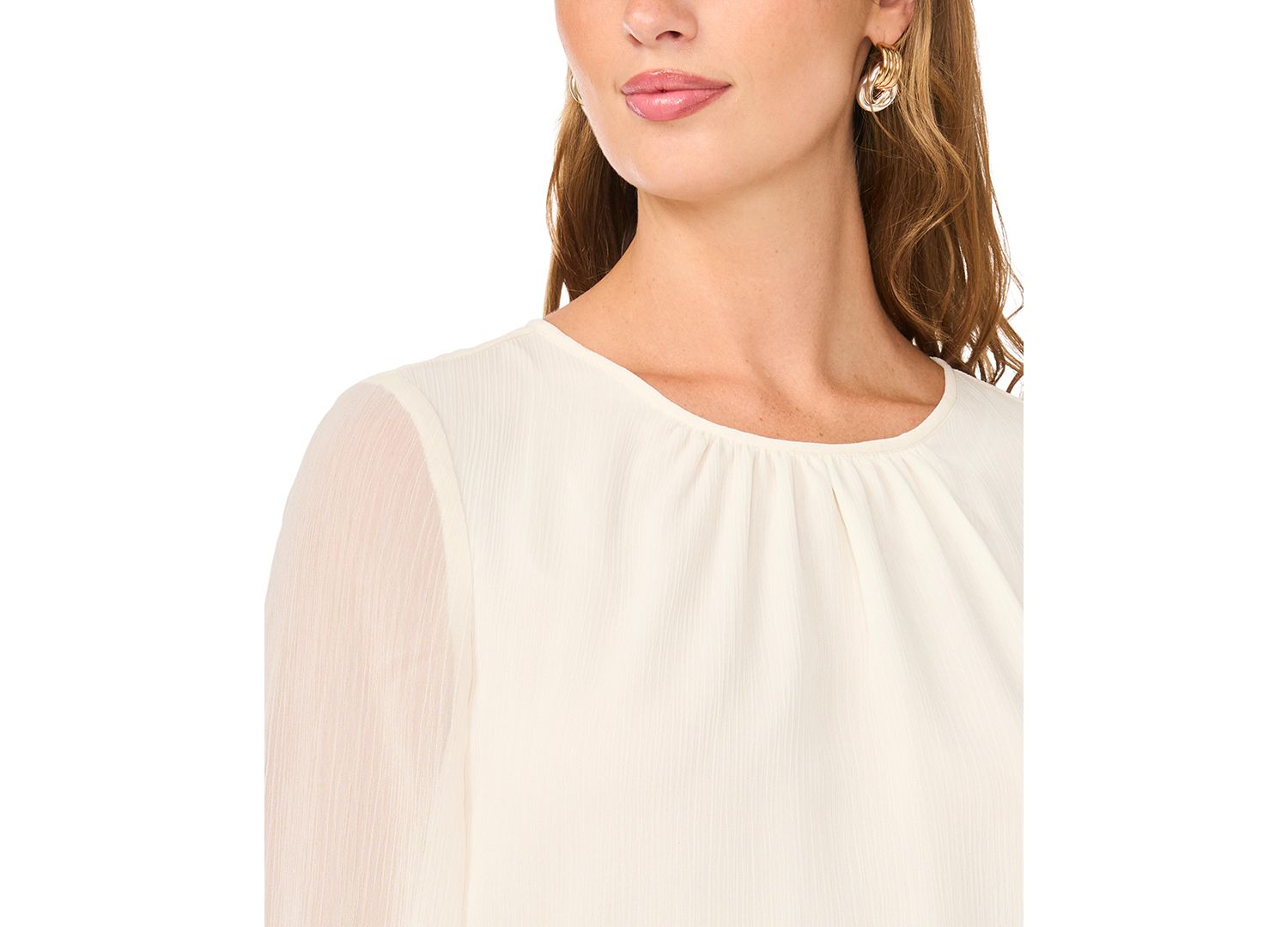 Women's Gathered Crewneck Long-Sleeve Chiffon Blouse