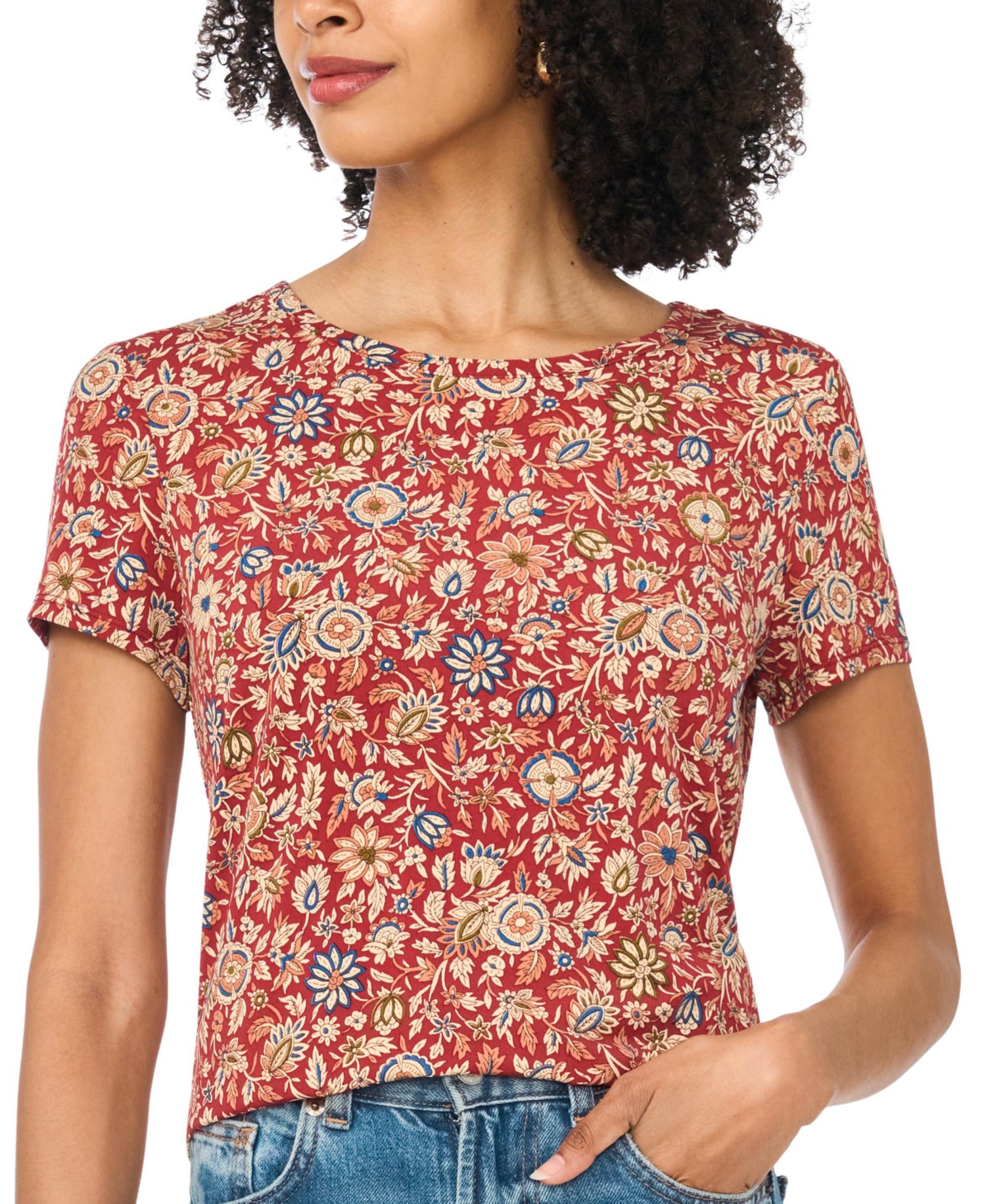 Women's Keyhole Back Floral Crewneck T-Shirt