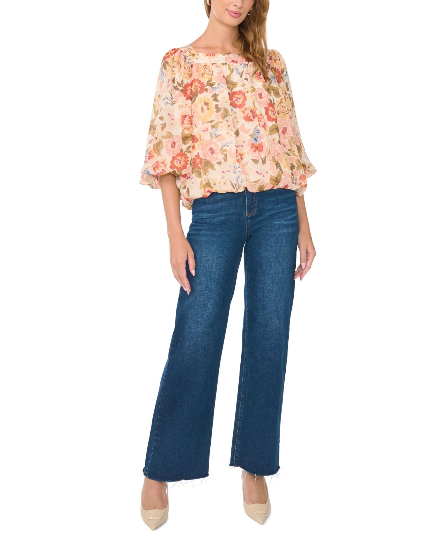 Women's Square-Neck 3/4-Sleeve Floral Blouse