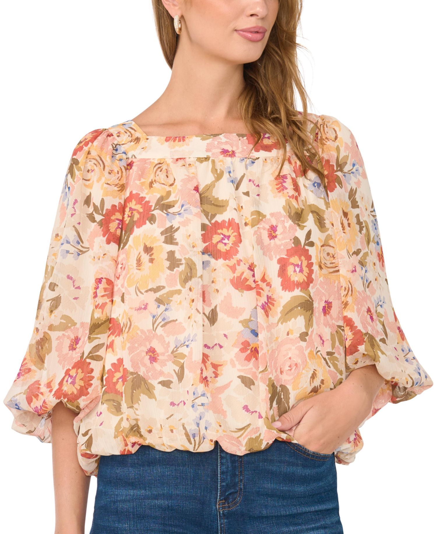 Women's Square-Neck 3/4-Sleeve Floral Blouse