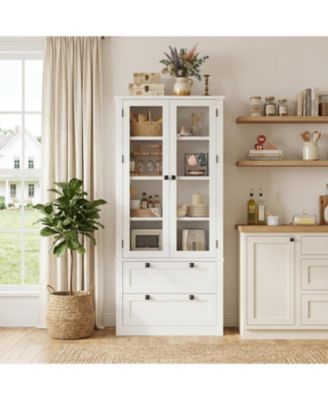 72" Farmhouse Pantry Cabinet with Glass Doors, 2 Drawers & Adjustable Shelves, Storage for Kitchen & Dining