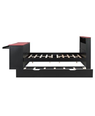 Full Size Wood Daybed with Twin Size Trundle, Desk, LED light and USB