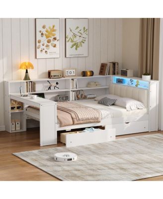  Wood Platform Bed With Storage, Desk, LED, Charging