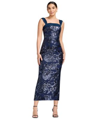 Women's Sequin Square Neck Bodycon Tea Length Dress