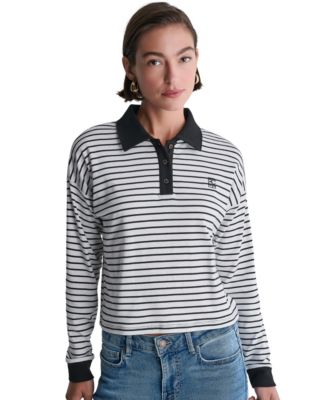 Women's Striped Collared Long-Sleeve Polo Top