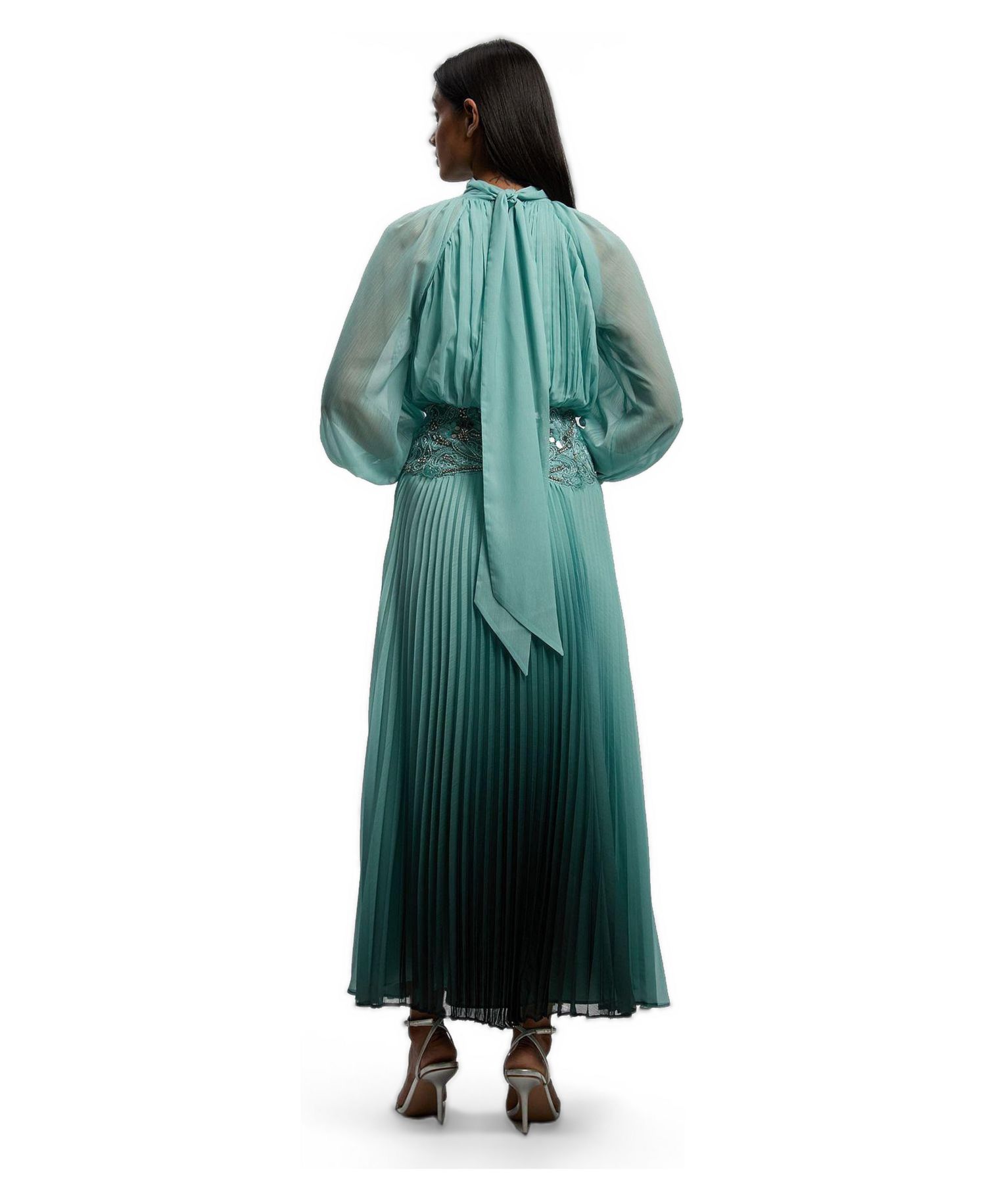Women's Long Sleeve High Neck Pleated Maxi Dress