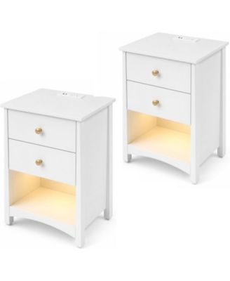 Set of 2 Mid-Century Nightstands with Charging Station, 7-Color LED Strip and 2 Drawers