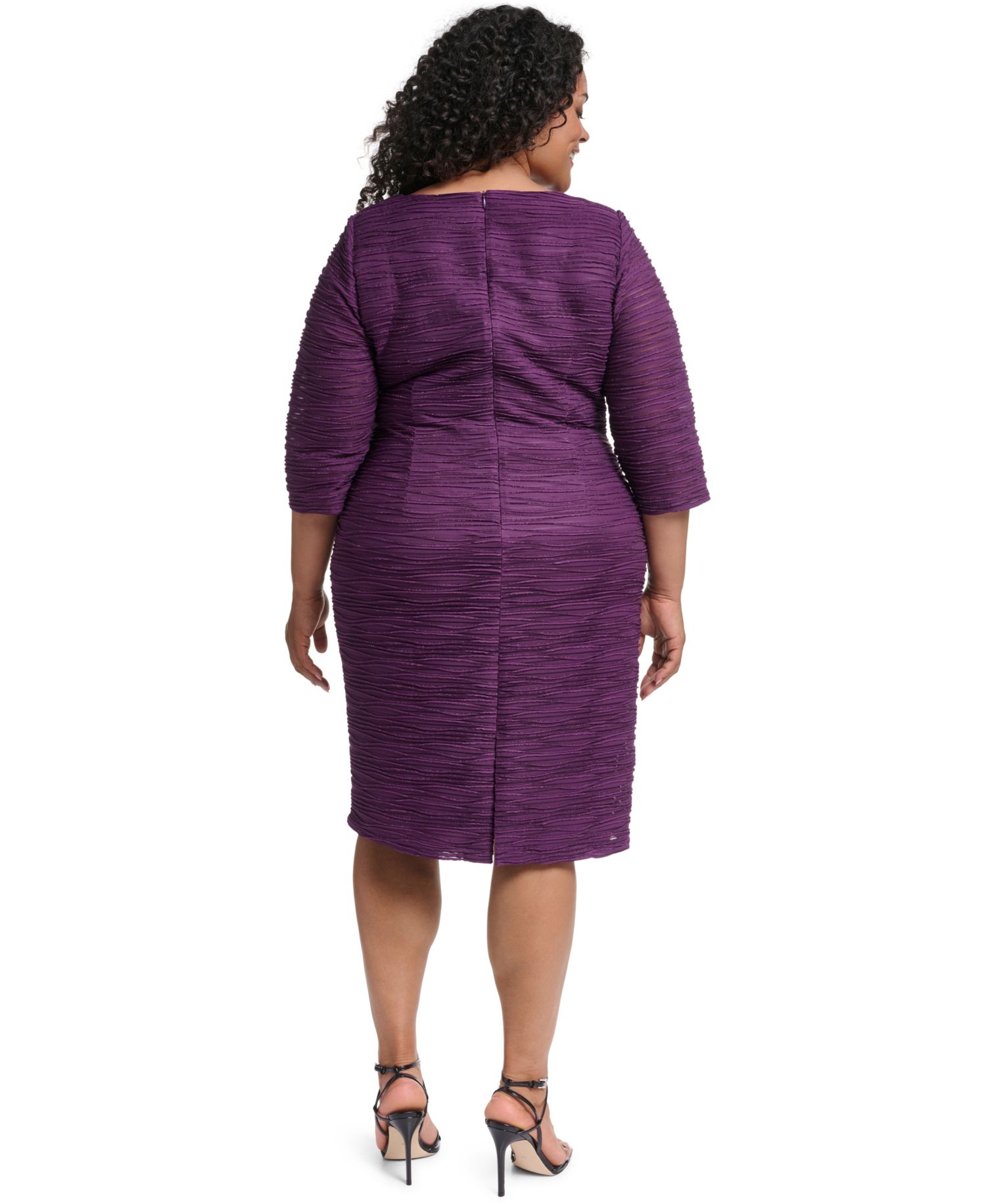 Plus Size Asymmetrical-Neck 3/4-Sleeve Side-Tuck Dress