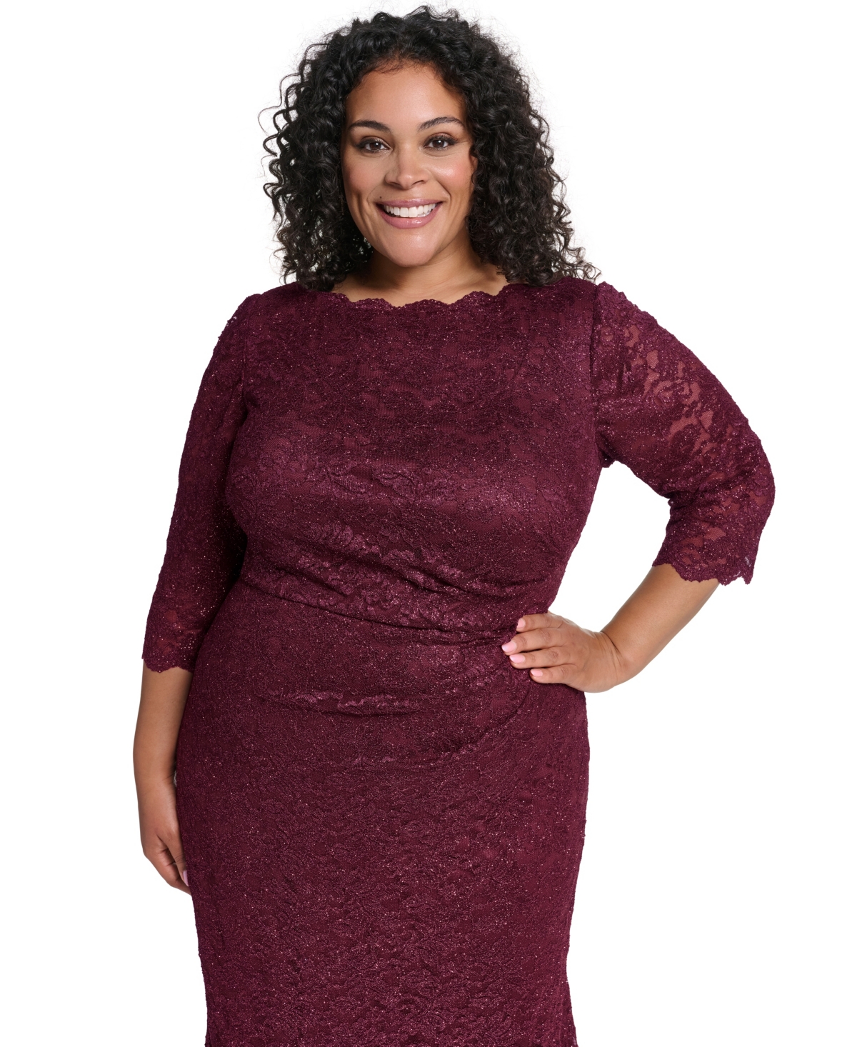 Jessica Howard Plus 3/4-Sleeve Side Tuck Lace Gown
