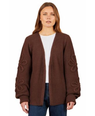 Women's Chunky-Knit Flower-Detail-Sleeve Cardigan