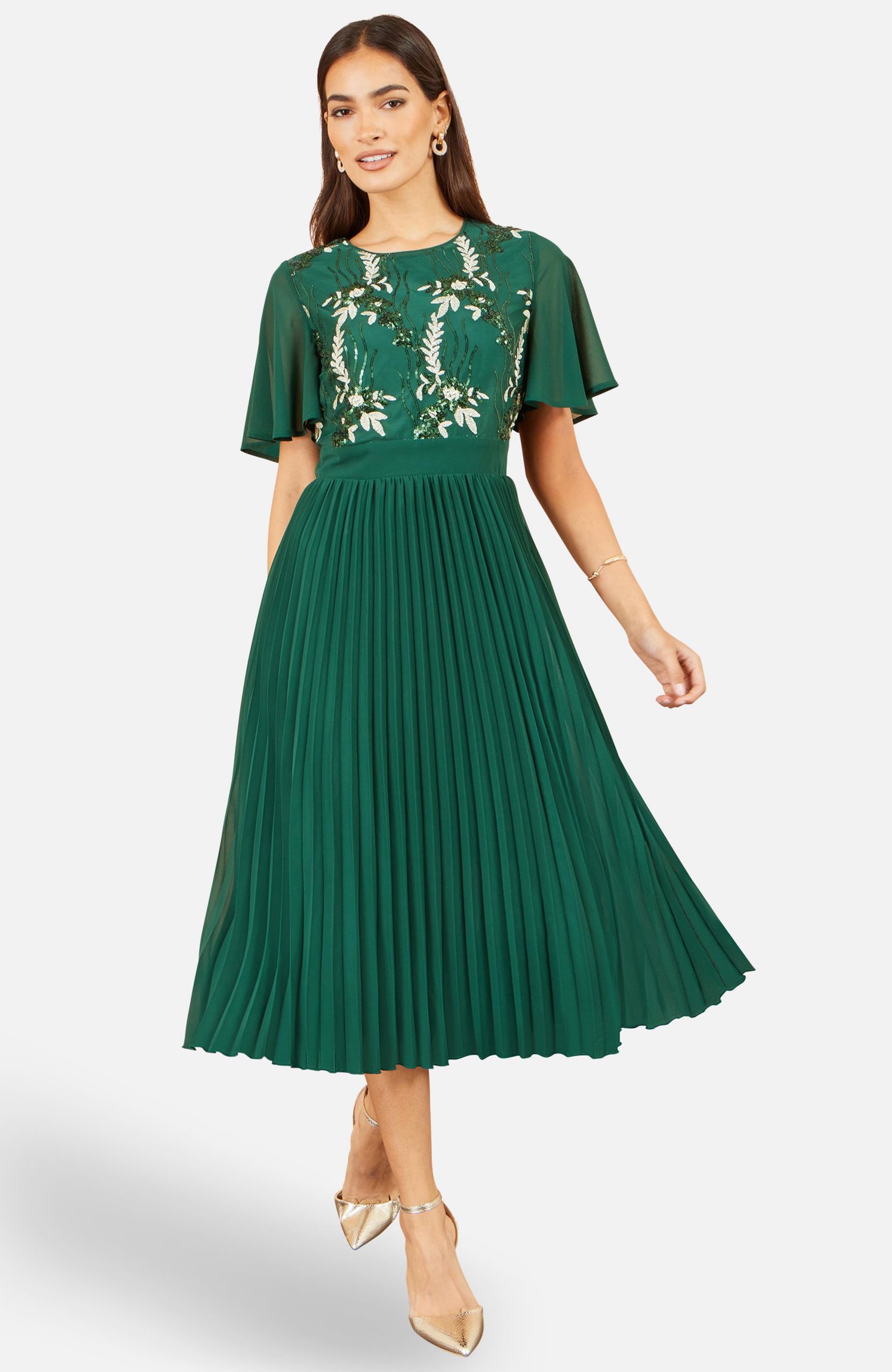 Women's Sequin-Floral Pleated Midi Dress