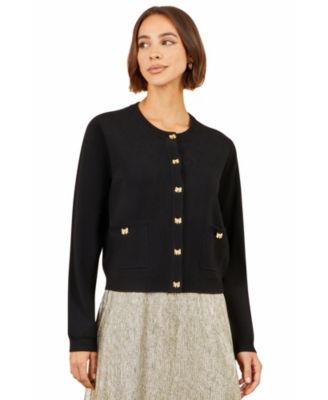 Women's Bow Button Crew Neck Long Sleeve Viscose-Blend Cardigan