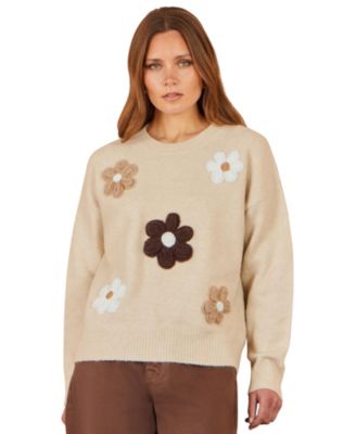 Women's Crochet Floral-Print Relaxed-Fit Sweater