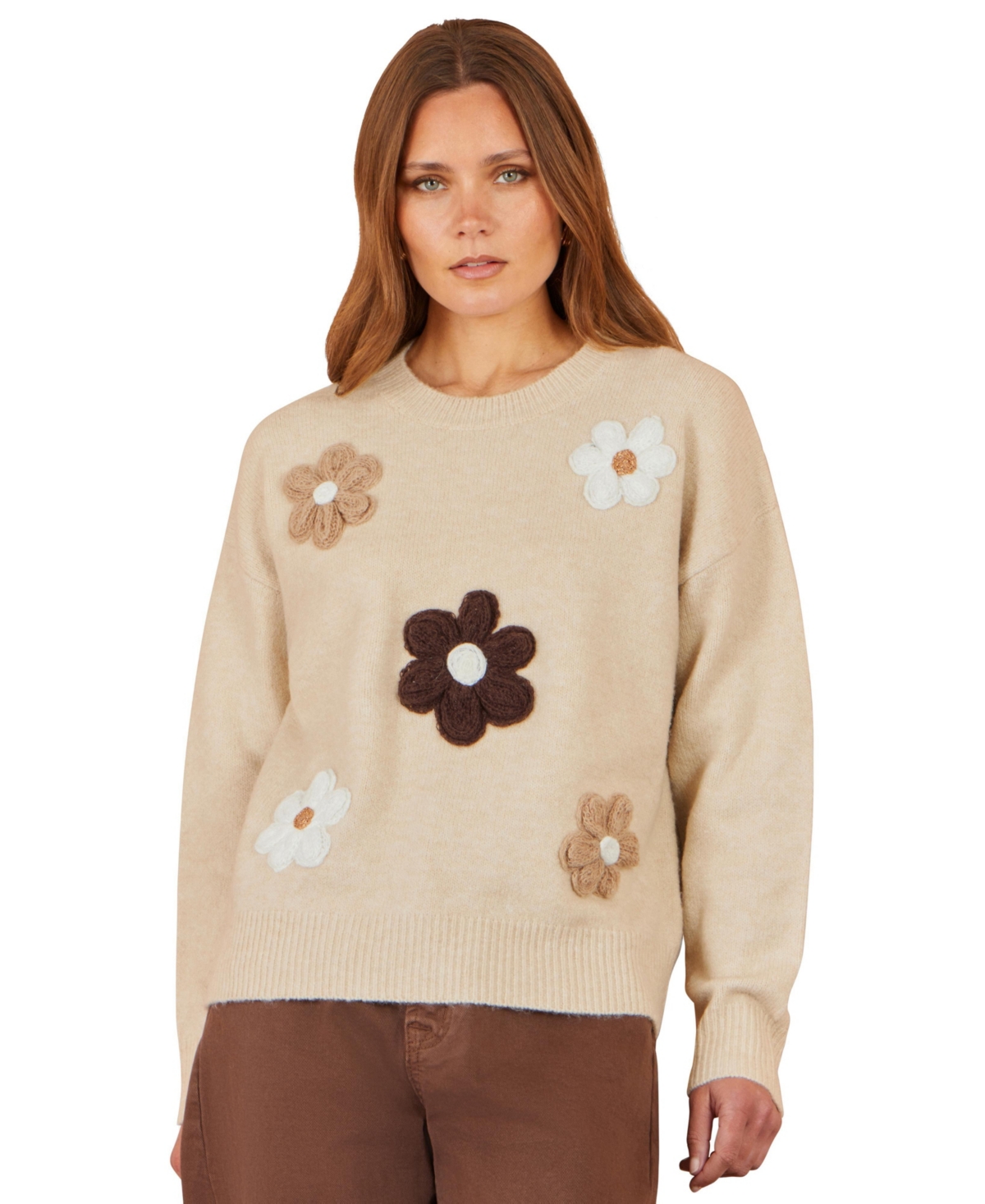 Yumi Women's Crochet Floral-Print Relaxed-Fit Sweater