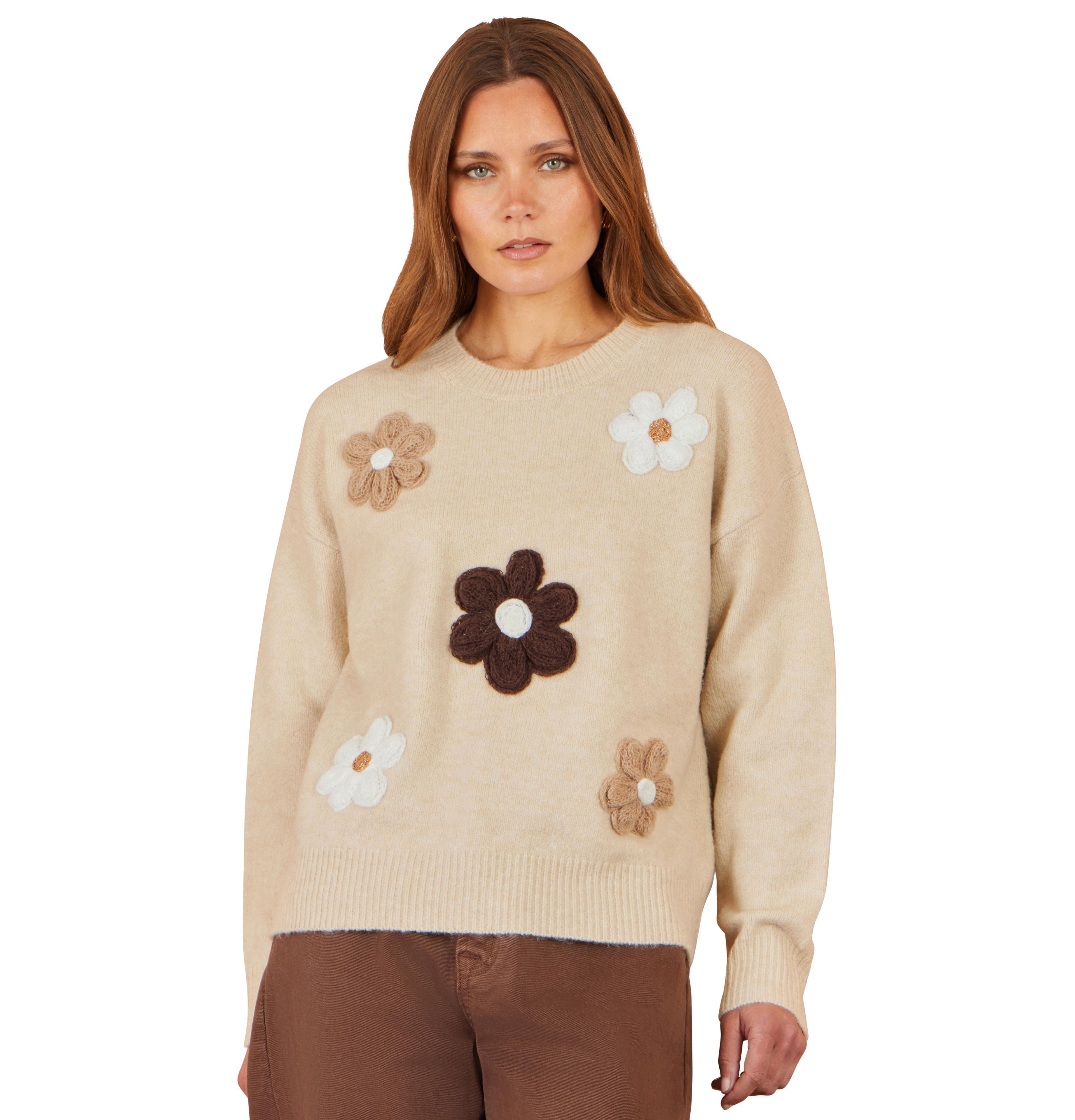 Yumi Women's Crochet Floral-Print Relaxed-Fit Sweater