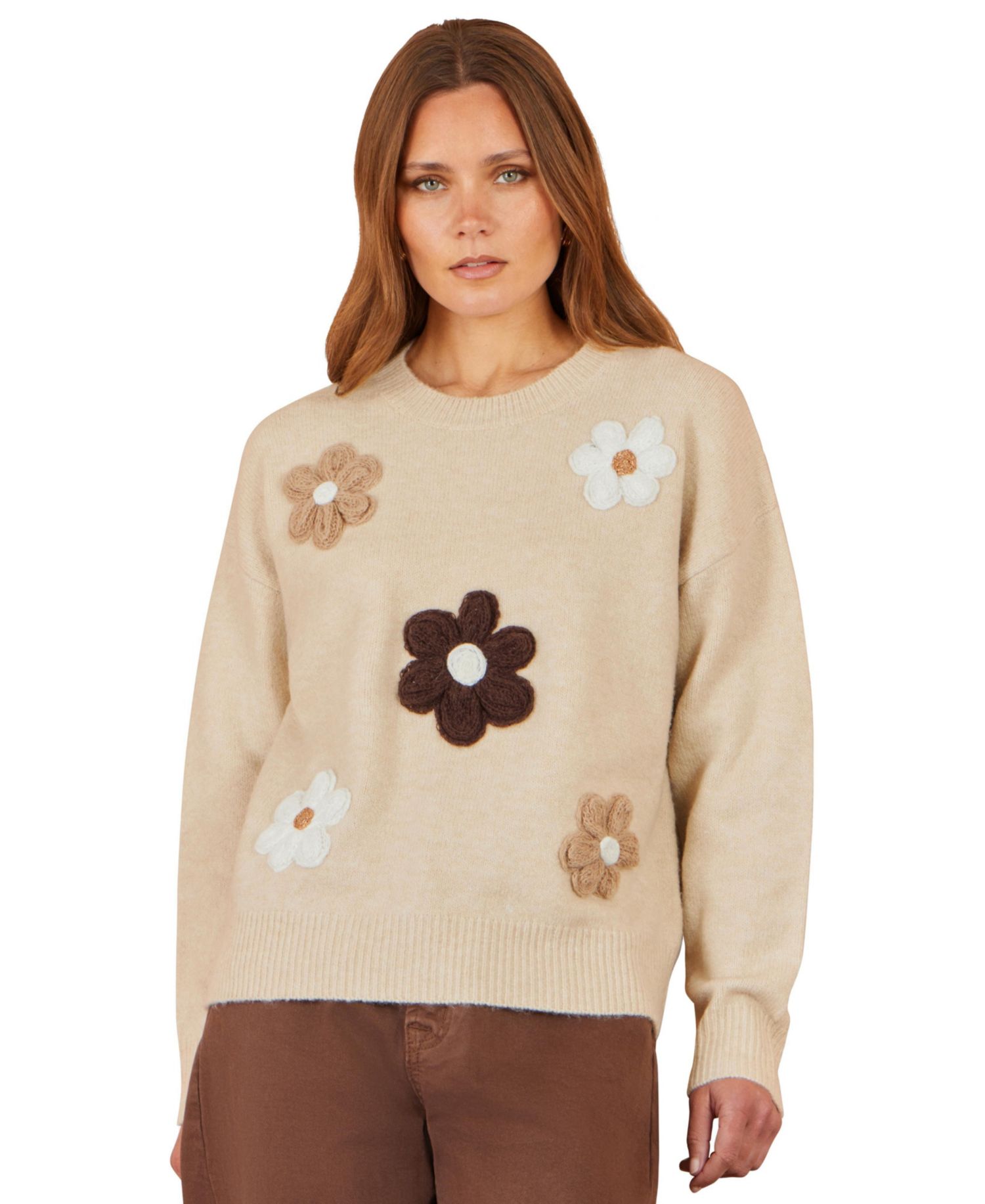 Women's Crochet Floral-Print Relaxed-Fit Sweater