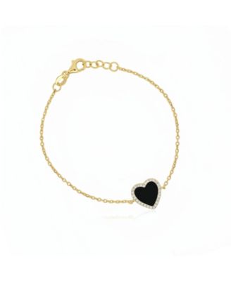 Large Onyx CZ Halo Single Heart Bracelet 14K Gold-Plated Sterling Silver
