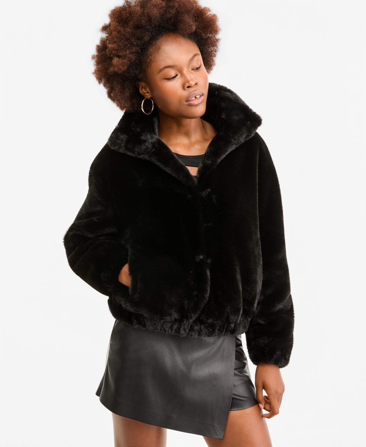 Guess Women's Xena Long-Sleeve Faux Fur Synched Waist and Cuffs Bomber Jacket