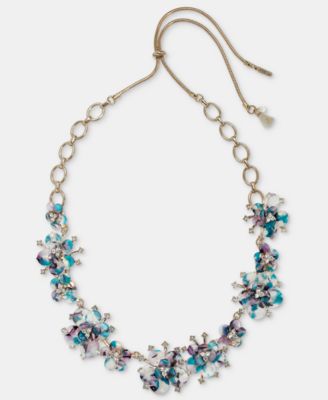 Crystal Stone Flower Motif Frontal Necklace, 28"