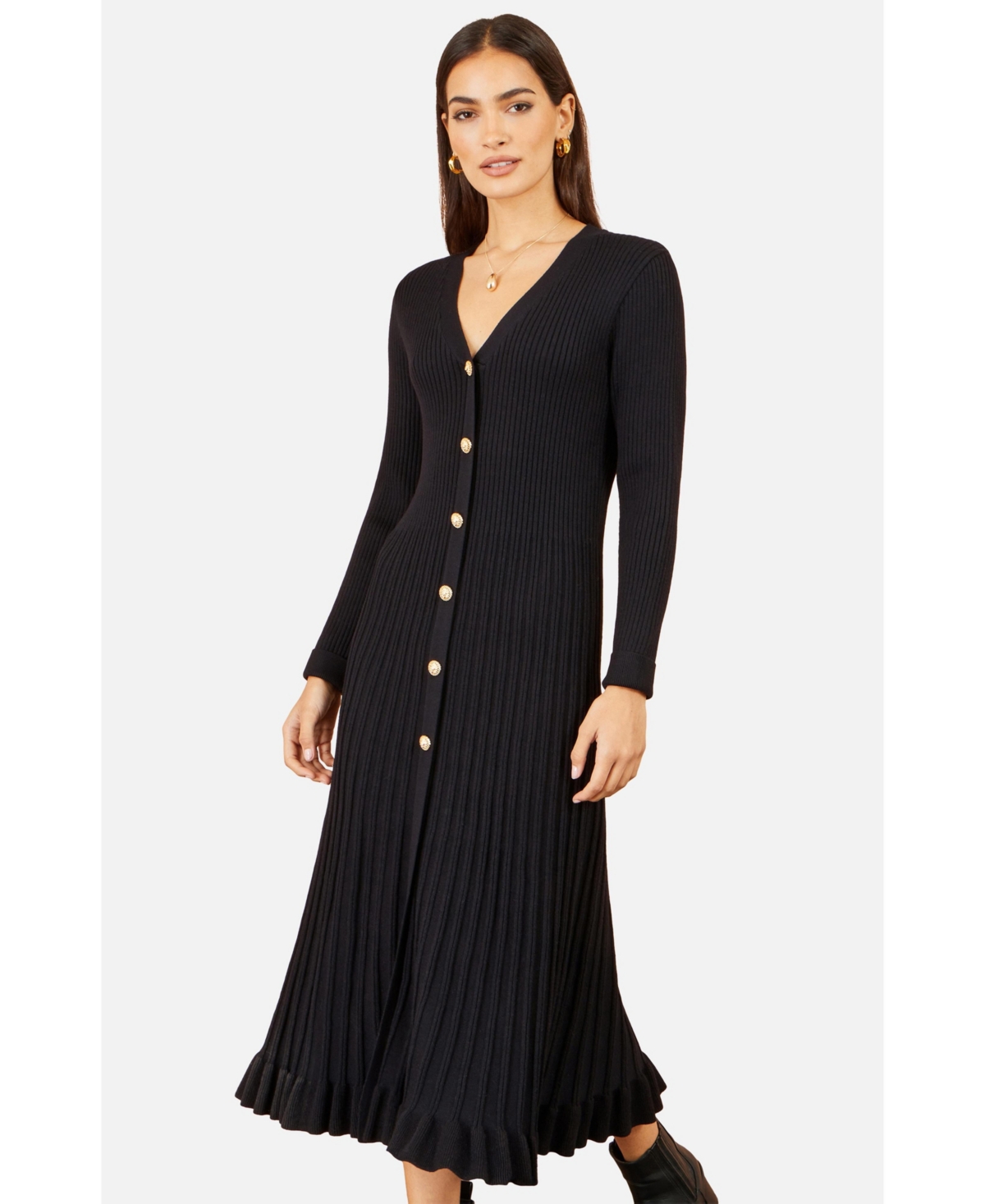 Yumi Women's Long Sleeve Ribbed Midi Knit Dress