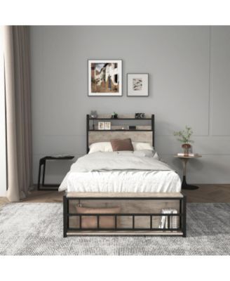 Twin Size Bed Frame with Headboard, RGB LED Lights, USB Charging Station, Storage, No Box Spring Needed, Easy Assembly