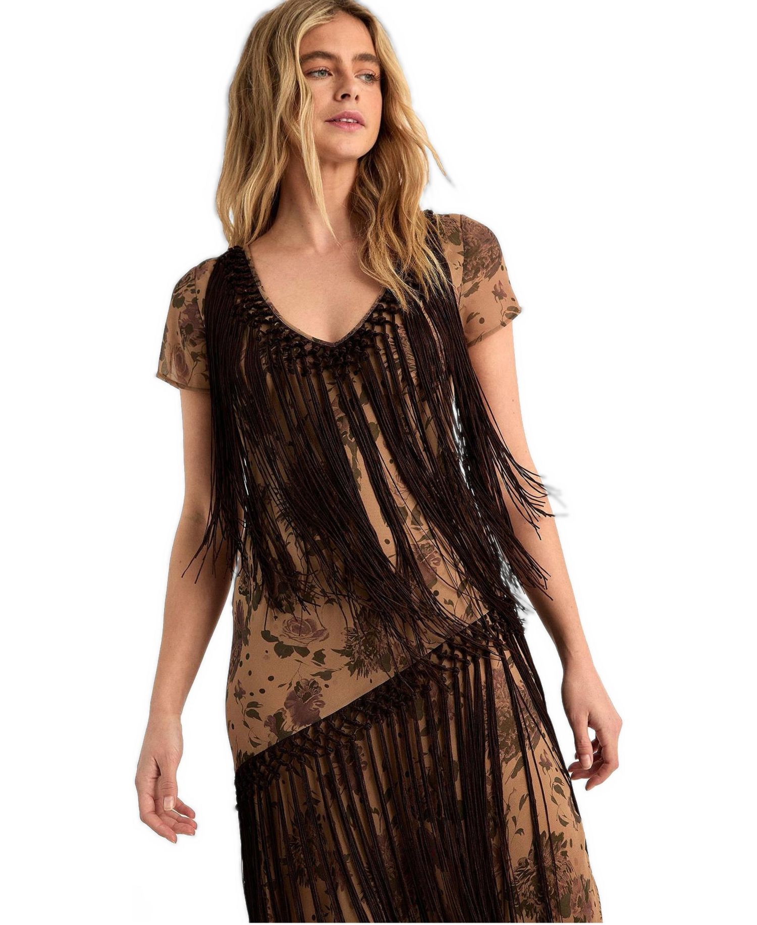 Women's Floral Chiffon Fringe Maxi Dress