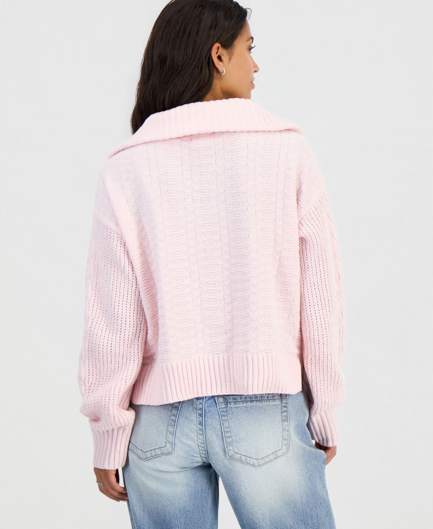 Juniors' Cable-Knit Quarter-Zip Long-Sleeve Sweater